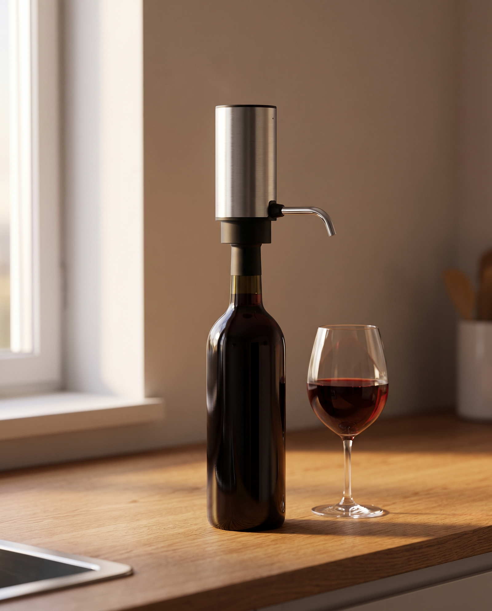 Halden electric wine aerator mounted on a red wine bottle on an oak kitchen counter beside a poured glass